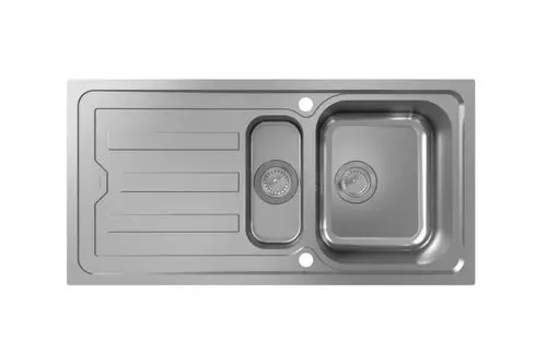 Edelstahlspüle von Hansgrohe mit zwei Becken, inklusive einer Abtropffläche und einer automatischen Ablaufgarnitur.